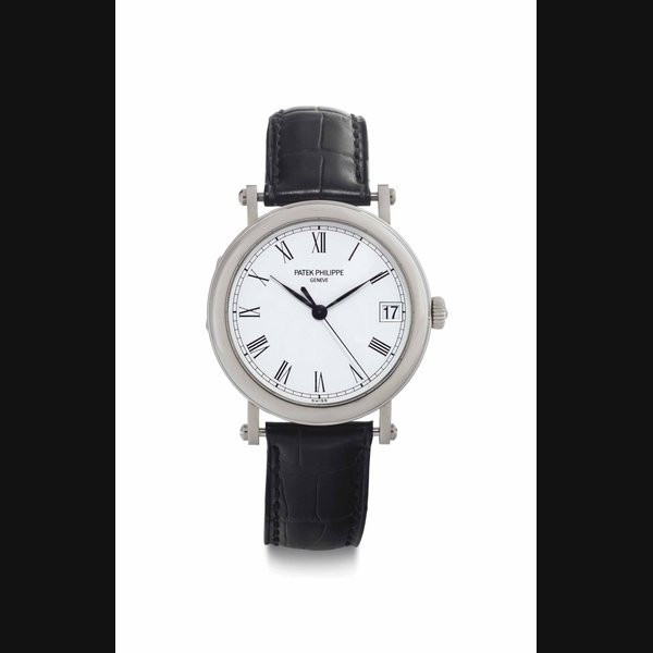 Patek Philippe. A Fine Limited Edition 18k White Gold Automatic Wristwatch with Date SIGNED PATEK PHILIPPE, GENÈVE, OFFICIER MODEL, MADE FOR THE 150TH ANNIVERSARY OF ANDREAS HUBER, MÜNCHEN, REF. 5053, MOVEMENT NO. 3'400'961, CASE NO. 4'280'436, MANUFACTURED IN 2006