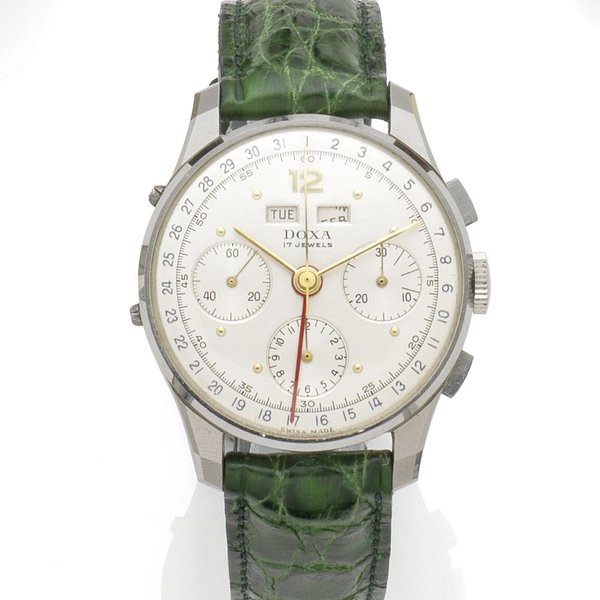Doxa. A stainless steel manual wind triple calendar wristwatch Case No.4861442, Circa 1950