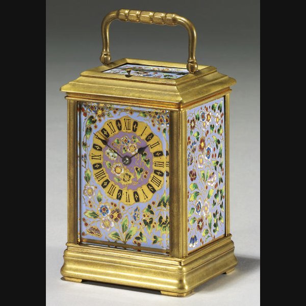 A French brass and champlevé enamel-mounted striking and repeating eight day carriage clock CIRCA 1880