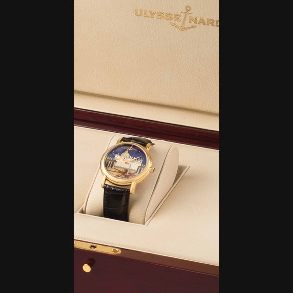Ulysse Nardin. A Fine Limited Edition 18k Gold Automatic Wristwatch with Cloisonné Enamel Dial SIGNED ULYSSE NARDIN, SAN PIETRO ROMA, SAN MARCO CLOISSONÉ, NO. 03/35, REF. 131-77-9, MANUFACTURED IN 2000