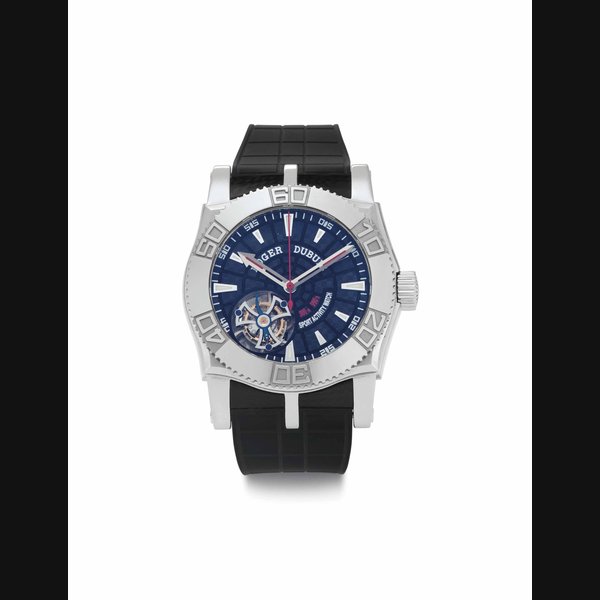 Roger Dubuis. A Large 18k White Gold and Stainless Steel Limited Edition Flying Tourbillon Wristwatch SIGNED ROGER DUBUIS, EASY DIVER MODEL, JUST FOR FRIENDS, NO. 043/280, MOVEMENT NO. 150, CIRCA 2006
