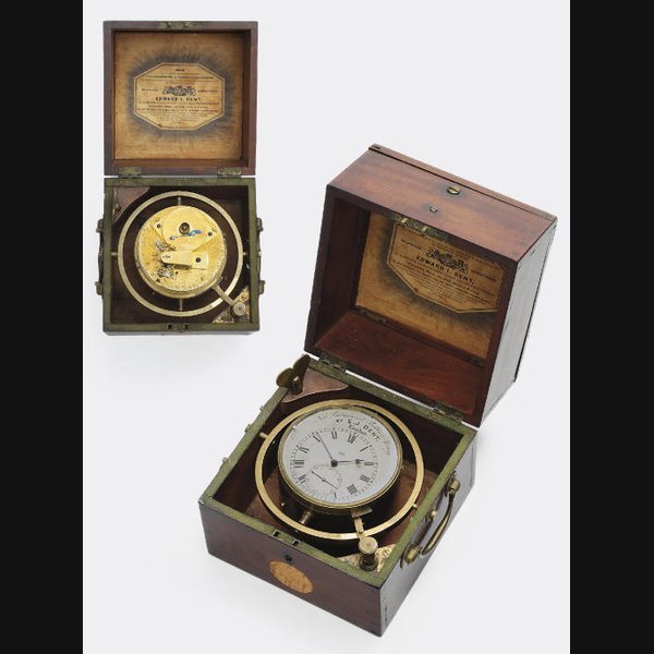  An unusual Regency Royal Observatory mahogany and brass-mounted one day marine chronometer with going barrel and pivoted detent JOHN ROGER ARNOLD, NO.410, ALSO E.J. DENT, LONDON. CIRCA 1815