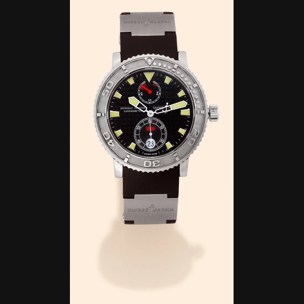 Ulysse Nardin Ulysse Nardin, Le Locle, Suisse, "Marine Diver Chro-nometer,' Officially Certified, Ref. 263-55. Produced in the 2000s. Fine, large, self-winding, water-resis-tant, stainless steel diver's chrono-meter wristwatch with date, a rubber strap with titanium sections and a tita-nium Ulysse Nardin deployant clasp. Accompanied by a fitted box and certificate. | Important Collectors Wristwatches,Pocket Watches & Clocks | New York, 23rd March 2005 · 263-55
