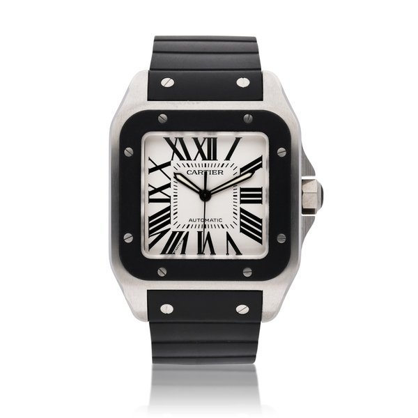 Cartier Reference 2656 Santos 100,  A stainless steel wristwatch with black rubber bezel, Circa 2015 · 2656