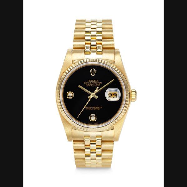 ROLEX. AN ATTRACTIVE 18K GOLD AND DIAMOND-SET AUTOMATIC WRISTWATCH WITH BLACK ONYX DIAL, SWEEP CENTRE SECONDS, DATE AND BRACELET SIGNED ROLEX, DATEJUST MODEL, REF. 16018, CASE NO. 5'264'165, CIRCA 1978
