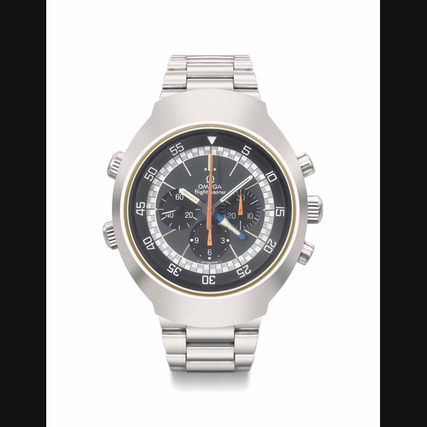 Omega. A fine and unusual stainless steel dual-time chronograph wristwatch with bracelet Signed Omega, Flightmaster, ref. 145.036, movement no. 39’930’214, manufactured in 1976