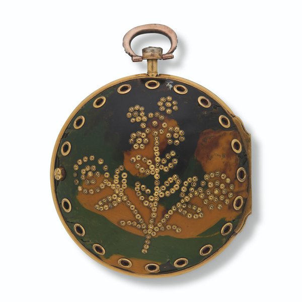 DANIEL DE SAINT LEU. YELLOW GOLD, ENAMEL AND DIAMOND-SET QUARTER REPEATER OPENFACE TRIPLE CASED VERGE WATCH