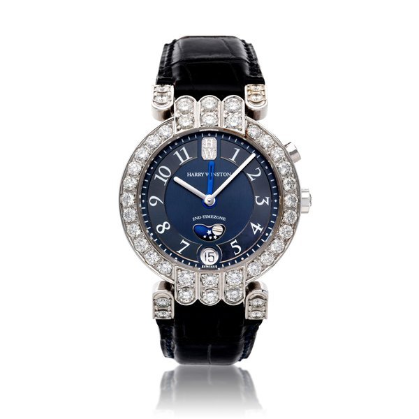 Harry Winston Premier | A limited edition white gold and diamond set automatic dual time wristwatch with date and moon phases, Circa 2010