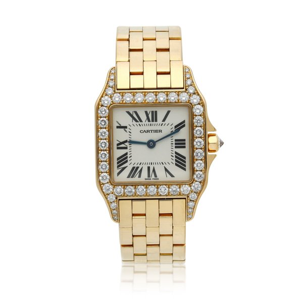 Cartier Reference 2702 Santos Demoiselle   A yellow gold and diamond-set square shaped wristwatch with bracelet, Circa 2000