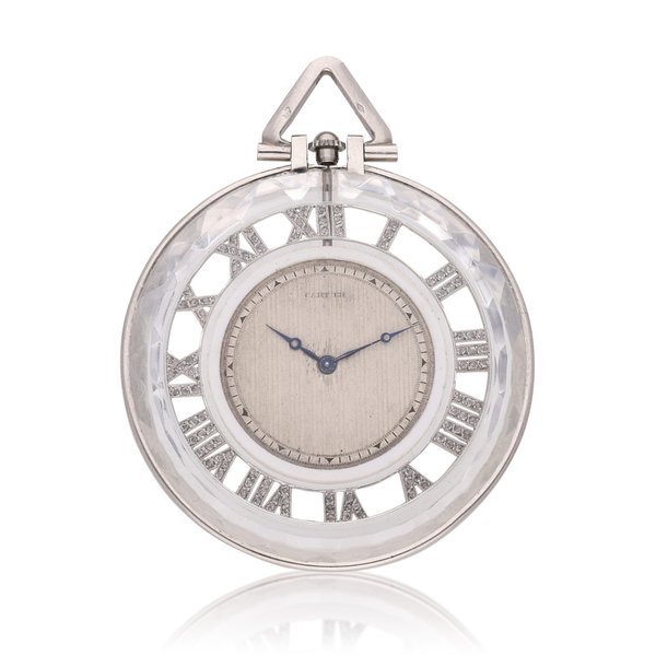 Cartier A rock crystal, platinum and diamond-set open-faced watch, Circa 1925