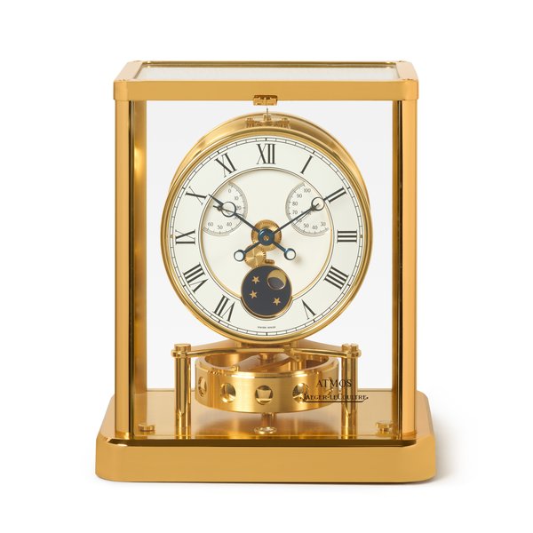 Jaeger-LeCoultre Atmos Elysee, Ref. 223.107.3  Gilt brass clock with moon phases, thermometer and hygrometer  Circa 1997, Price & Market Data