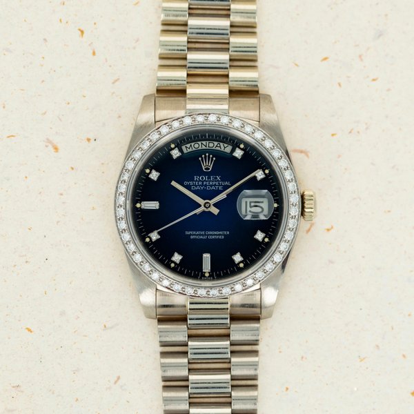 Rolex Rolex Day-Date 18049 Diamond Bezel Blue Vignette Diamond Dial 18k WG · 18049