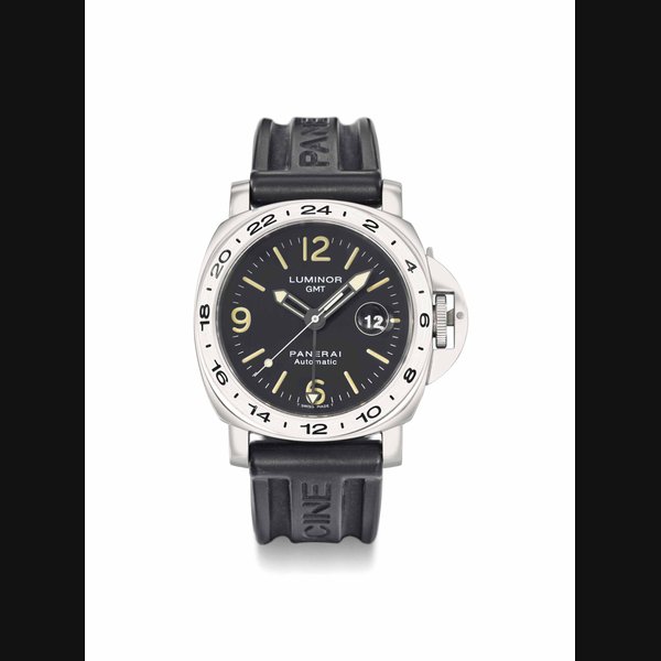 Panerai. A large stainless steel automatic cushion-shaped dual time sweep centre seconds wristwatch with date SIGNED PANERAI, LUMINOR GMT, AUTOMATIC, OCEAN CHRONOMETER, NO. A0485/1500, REF. OP 6505, MOVEMENT NO. 150'607, CASE NO. BB 974145, CIRCA 2005