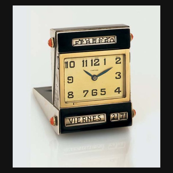 Cartier CARTIER. A RARE SILVER, GOLD, ENAMEL, CORAL AND DIAMOND TABLE CLOCK WITH TRIPLE CALENDAR INDICATIONS SIGNED CARTIER, CIRCA 1927, Price & Market Data