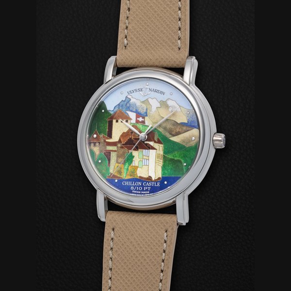 Ulysse Nardin A highly attractive, commemorative and limited edition, San Marco, automatic wristwatch in platinum, cloisonné enamel dial featuring Chillon Castle, limited to 10 pieces. Ref. 139-70-9