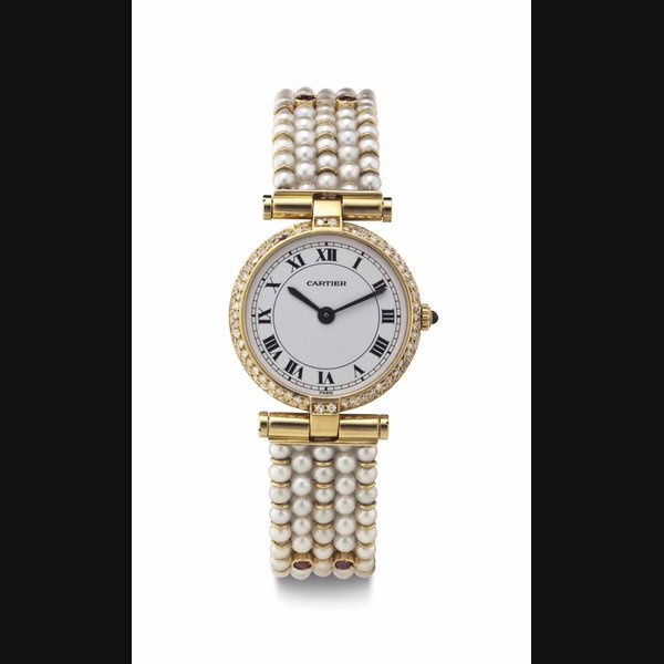 Cartier Cartier. An Attractive Lady's 18k Gold, Pearl, Ruby, Emerald and Sapphire Bracelet Watch SIGNED CARTIER, PARIS, CASE NO. 810023264, CIRCA 1985