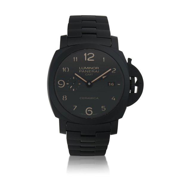 Panerai Tuttonero Luminor GMT, Ref. PAM00438 / OP7028  Limited edition ceramic and titanium dual time zone wristwatch with date, power reserve indication and bracelet  Circa 2015
