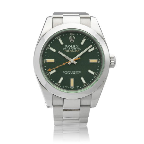 Rolex Milgauss, Reference 116400V | A stainless steel antimagnetic wristwatch with green sapphire crystal and bracelet, Circa 2011 |  勞力士 Milgauss 型號116400V | 精鋼防磁鏈帶腕錶，備綠水晶鏡面，約2011年製 · 116400V