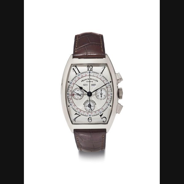 Franck Muller. An 18k White Gold Triple Calendar Chronograph Wristwatch with 24-hour Indication SIGNED FRANCK MULLER, GENÈVE, MASTER CALENDAR MAGNUM, REF. 6850 CC MC, MOVEMENT NO. 48'374'802, CASE NO. 91, CIRCA 1998