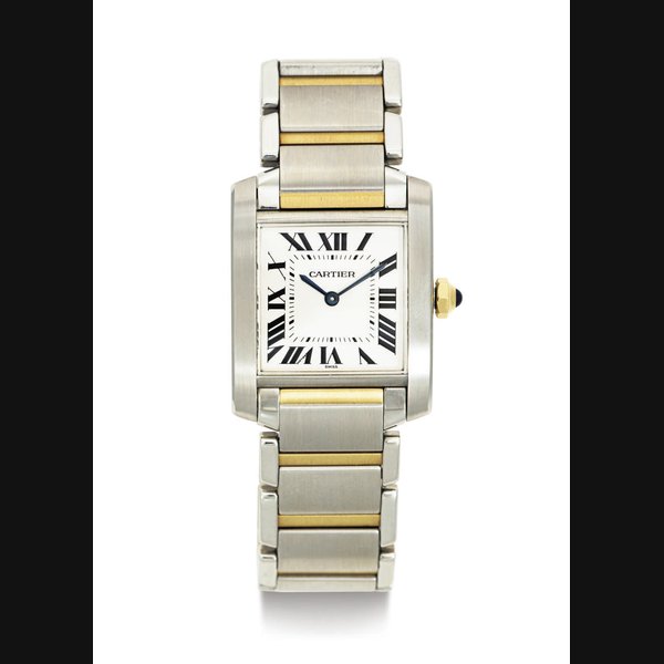 CARTIER. AN 18K GOLD AND STAINLESS STEEL WRISTWATCH WITH BRACELET SIGNED CARTIER, TANK FRANCAISE , N0. 2301, REF. CC180956, CIRCA 1995