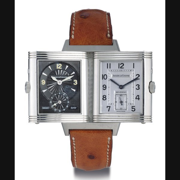 Jaeger-Lecoultre JAEGER-LECOULTRE. A STAINLESS STEEL REVERSIBLE DOUBLE DIAL DUAL TIME ZONE WRISTWATCH WITH 24 HOUR INDICATION SIGNED JAEGER-LECOULTRE, NIGHT AND DAY, CASE NO. 1885392, REF. 270.8.54. CIRCA 1998
