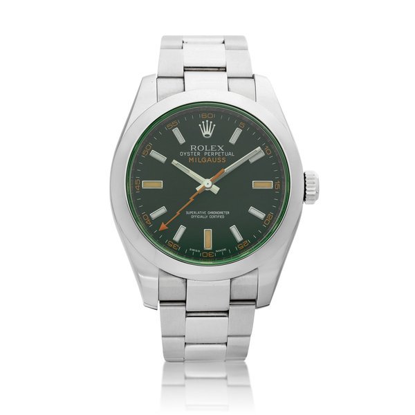 Rolex Milgauss, Reference 116400GV | A stainless steel antimagnetic wristwatch with green sapphire crystal and bracelet, Circa 2012 | 勞力士 Milgauss 型號116400GV | 精鋼防磁鏈帶腕錶，備綠水晶鏡面，約2012年製 · 116400GV