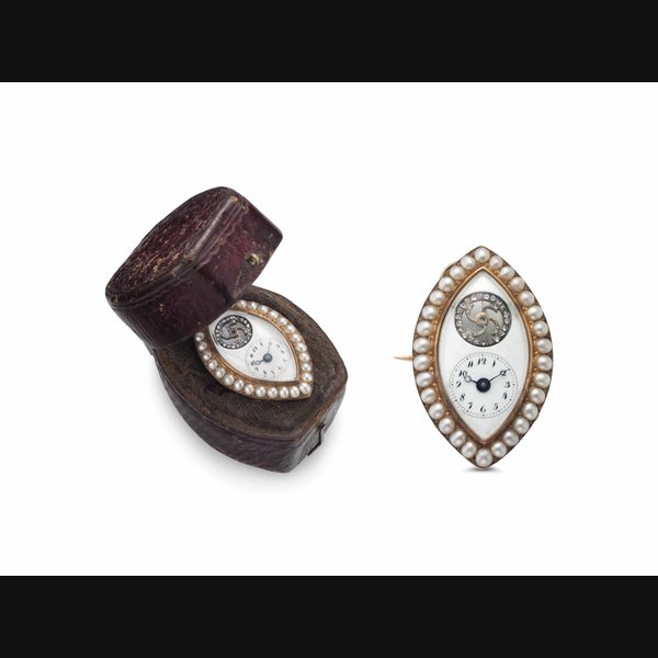 Anonymous. A Gold and Split Pearl Lancet-Shaped Pendant Watch With Diamond-Set Visible Balance UNSIGNED, EARLY 19TH CENTURY