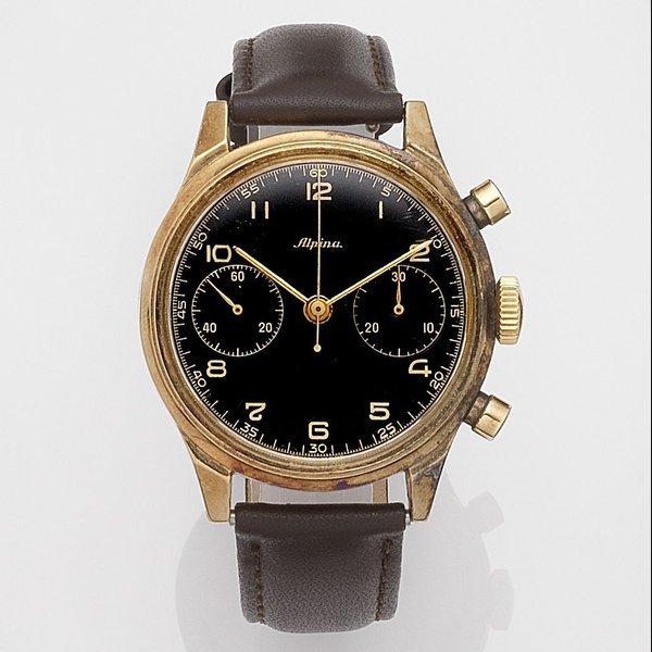 Alpina. A 14k gold manual wind chronograph wristwatch Case No.123786, Circa 1945