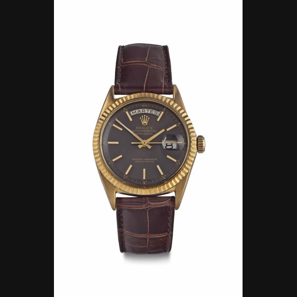 Rolex Rolex. A Fine and Rare 18K Gold Automatic Calendar Wristwatch with Grey Dial SIGNED ROLEX, OYSTER PERPETUAL, DAY-DATE, REF. 1803, CASE NO. 4’151’850, CIRCA 1976