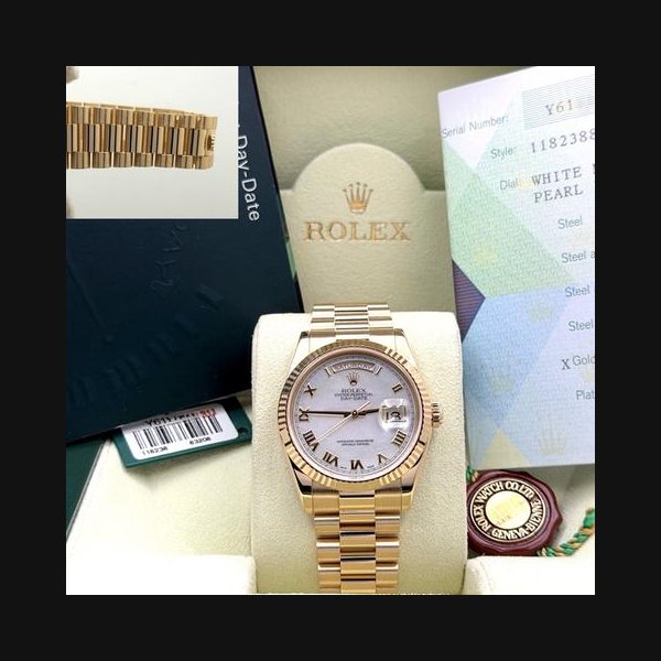 Rolex Day-DatePresident 118238 36mm Mother of Pearl Dial 18K Gold Box Paper