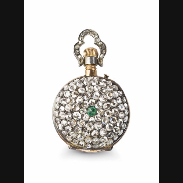 Swiss. A Miniature 18k Gold, Diamond, and Emerald Openface Keyless Cylinder Pocket Watch UNSIGNED, NO. 4990, CIRCA 1880