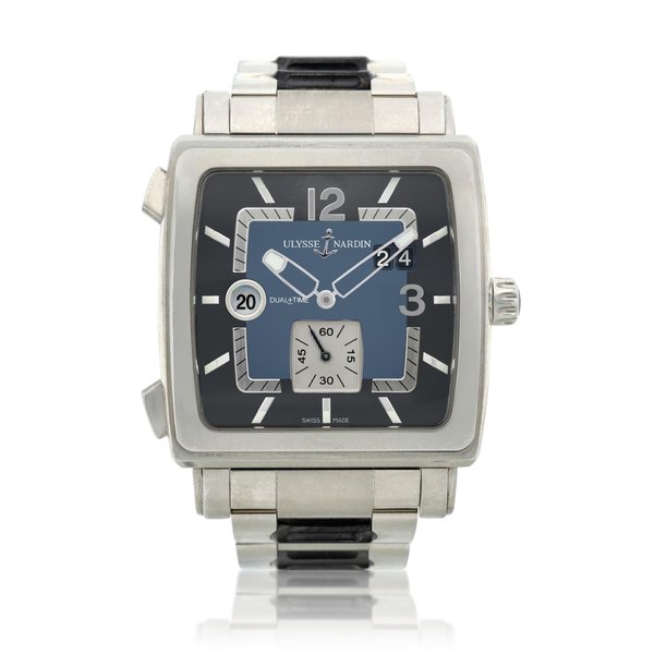 Ulysse Nardin Reference 243-92 A stainless steel square shaped automatic dual time wristwatch with date and bracelet, Circa 2005