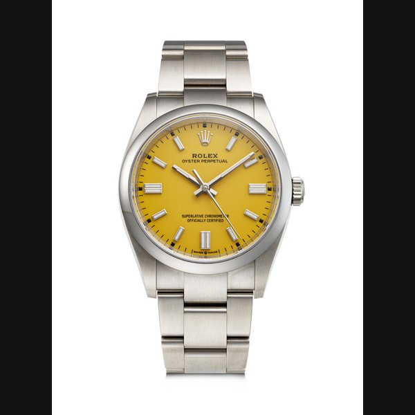 ROLEX, STAINLESS STEEL 'OYSTER PERPETUAL' WITH YELLOW DIAL, REF. 126000 SERIAL NO: X88D6490