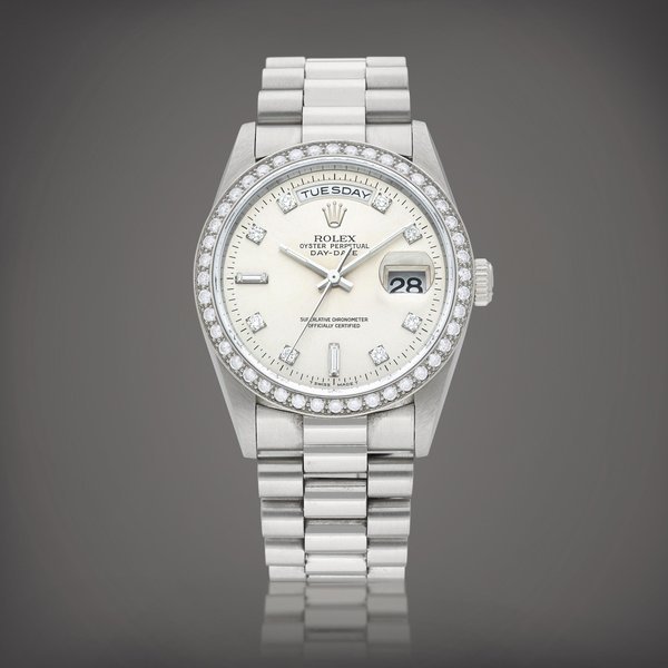 Rolex Day-Date, Reference 18346 | A platinum and diamond-set wristwatch with day, date and bracelet, Circa 1995 | 勞力士 | Day-Date 型號18346 | 鉑金鑲鑽石鏈帶腕錶，備日期及星期顯示，約1995年製 · 18346