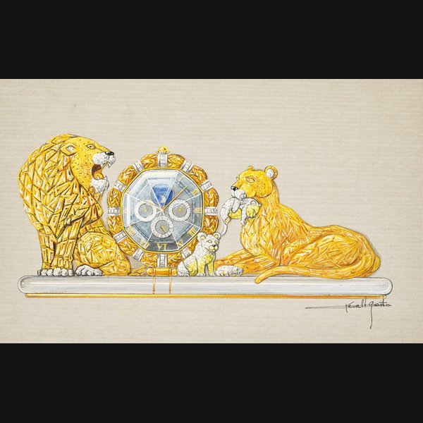 Gérald Genta Design of the majestic lion family mantel clock with accompanying NFT Circa 1986