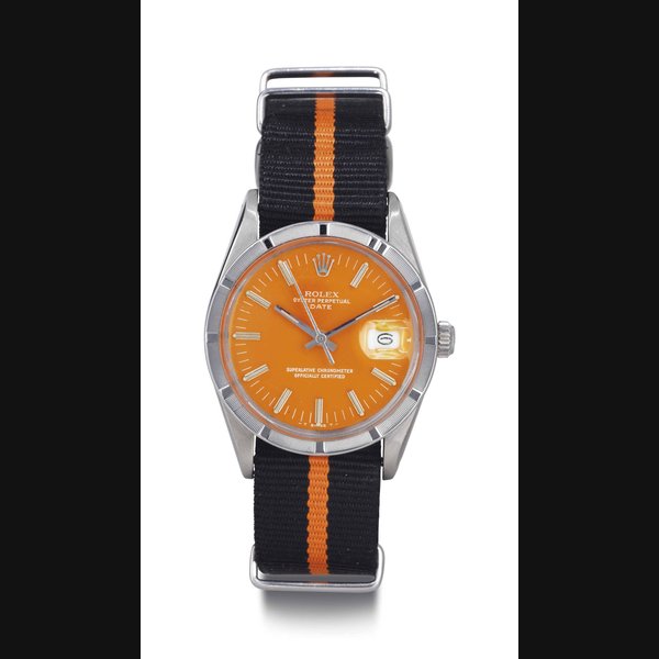 ROLEX. A STAINLESS STEEL AUTOMATIC WRISTWATCH WITH DATE, CENTER SECONDS AND ORANGE DIAL SIGNED ROLEX, OYSTER PERPETUAL, DATE, CASE NO. 7640983, REF. 15010, CIRCA 1982