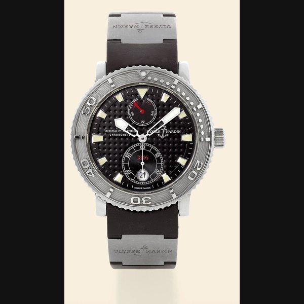 Ulysse Nardin "Marine Diver Chronometer" Ulysse Nardin, Le Locle, Suisse, "Marine Diver Chronometer," Officially Certified, No. 0418, Ref. 263- 55. Made circa 2002. Fine, self-winding, water-resistant,stainless steel diver's chronometer wristwatch with date, a rubber strap with titanium sections and a titanium Ulysse Nardin deployant clasp. Accompanied by a fitted box and certificate. | Important Collectors Wristwatches, Pocket Watches & Clocks | New York - The Fuller Building, 28th March 2007
