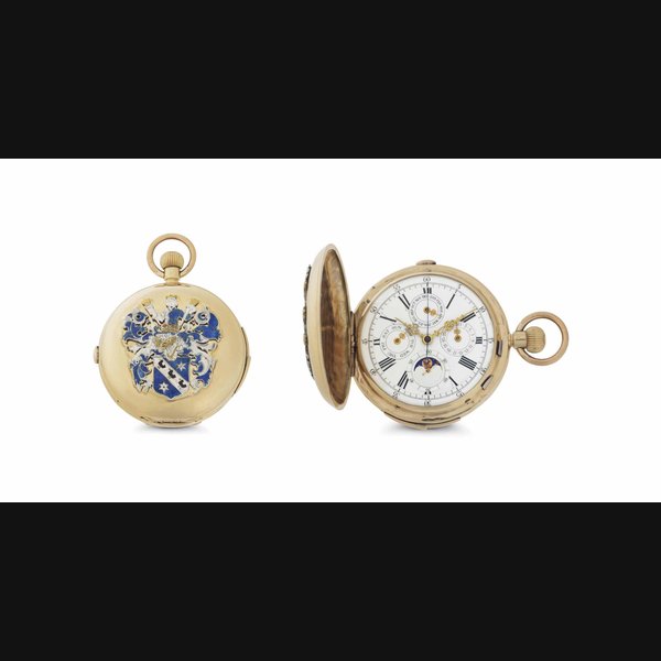 Anonymous. An 18k Pink Gold Quarter Repeating Carillon Triple Calendar Chronograph Keyless Lever Watch with Moon Phase UNSIGNED, LATE 19TH CENTURY