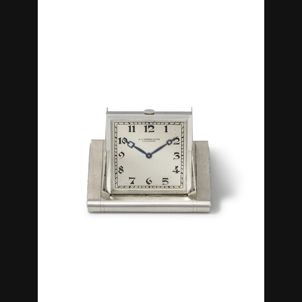 VERGER FRÈRES FOR A L'EMERAUDE. A RARE, LARGE AND HIGHLY ATTRACTIVE PLATINUM AND DIAMOND-SET THIN KEYLESS LEVER WATCH WITH CONCEALED DIAL AND SPRING-LOADED SHUTTERS VERGER FRÈRES FOR A. L’ EMERAUDE, LAUSANNE, THE MOVEMENT SIGNED JEWEL WATCH, GENEVA, SWISS, NO. 9035, CASE BY VERGER FRÈRES, NO. 12276, CIRCA 1930