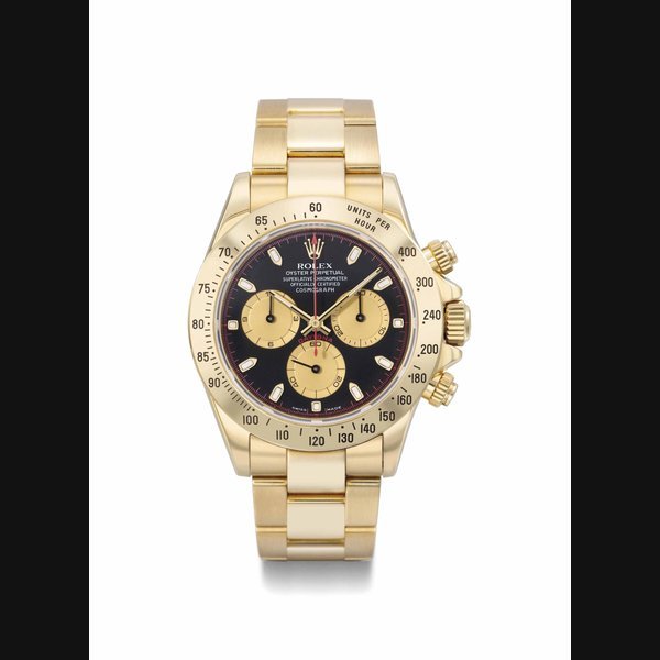 Rolex Rolex. A very rare and most attractive 18K gold automatic chronograph wristwatch with black dial, bracelet, original certificate and box SIGNED ROLEX, OYSTER PERPETUAL, SUPERLATIVE CHRONOMETER, OFFICIALLY CERTIFIED, COSMOGRAPH, DAYTONA, REF. 116528, CASE NO. Y'393'320, MANUFACTURED IN 2002
