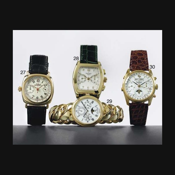 PAUL PICOT. AN 18K GOLD TRIPLE CALENDAR CHRONOGRAPH WRISTWATCH WITH MOON PHASES SIGNED PAUL PICOT, GENEVE, CIRCA 1995