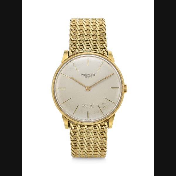 PATEK PHILIPPE. AN EXTREMELY RARE AND ELEGANT 18K GOLD WRISTWATCH WITH 18K GOLD BRACELET, RETAILED BY CARTIER CALATRAVA MODEL, RETAILED BY CARTIER, REF. 2573⁄1, MOVEMENT NO. 792'731, CASE NO. 429'248, MANUFACTURED IN 1963