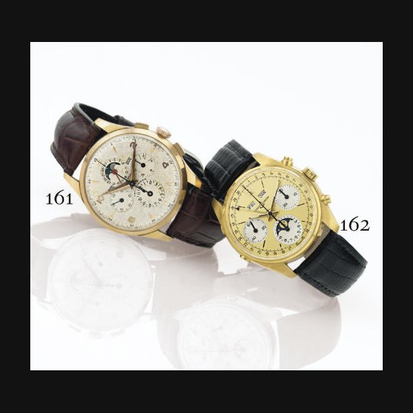 UNIVERSAL. A RARE 18K PINK GOLD TRIPLE CALENDAR CHRONOGRAPH WRISTWATCH WITH MOON PHASES SIGNED UNIVERSAL, GENEVE, "TRI-COMPAX", CASE NO. 1446587, REF. 12285, CIRCA 1950
