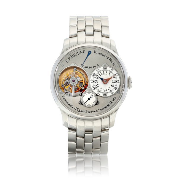 F.P. Journe Tourbillon Souverain | A platinum tourbillon wristwatch with constant force remontoire, dead beat seconds, power reserve indication and bracelet, Circa 2006 | Tourbillon Souverain | 鉑金陀飛輪鏈帶腕錶，備恆定動力裝置、跳秒及動力儲備顯示，約2006年製