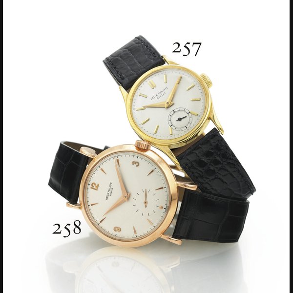 PATEK PHILIPPE. A RARE OVERSIZED 18K PINK GOLD WRISTWATCH WITH UNUSUAL LUGS SIGNED PATEK PHILIPPE, GENEVE, MOVEMENT NO. 938153, CASE NO. 667852, REF. 2459, MANUFACTURED IN 1952