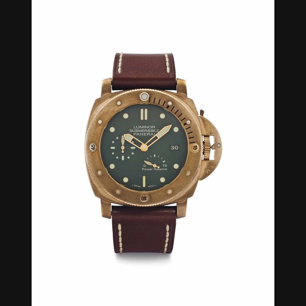 Panerai. A Limited Edition Fine and Oversized Bronze Automatic Wristwatch with Power Reserve and Date SIGNED PANERAI, LUMINOR SUBMERSIBLE 1950, BRONZO MODEL, NO. PO416/1000, REF. PAM00507, MOVEMENT NO. 001'051, CASE NO. OP6897, CIRCA 2013