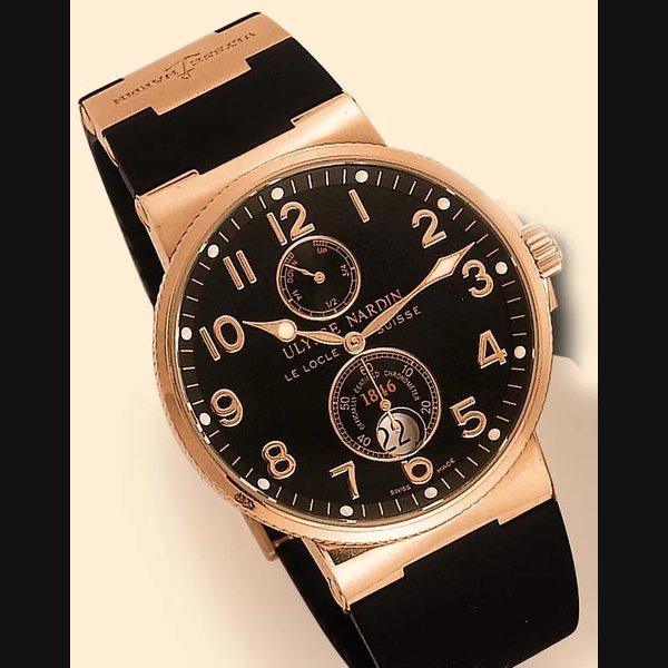 Ulysse Nardin Ulysse Nardin, Le Locle, Suisse, "Maxi Marine", Chronometer Officially Certified, Ref. 266-66. Produced in 2003. Very fine, self-winding, water-resistant, 18K pink gold gentleman's chronometer diving wristwatch with date and an 18K pink gold and titanium Ulysse Nardin deployant clasp. Accompanied by a fitted box. | Important Collector's Wristwatches & Pocket Watches | Grand Havana Room, 22nd September 2004 · 266-66