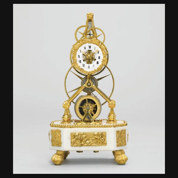A French Small Ormolu A French small ormolu, brass and white marble eight day great wheel skeleton timepiece FIRST QUARTER 19TH CENTURY