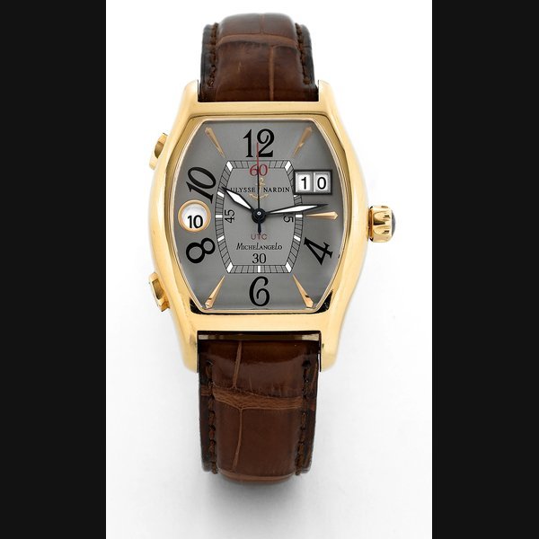 Ulysse Nardin Michelangelo UTC Ulysse Nardin, "Michelangelo UTC," No. 252, Ref. 226-68. Made circa 2005. Fine, tonneau-shaped, curved, self-winding, center seconds, water-resistant, two time zone, 18K yellow gold wristwatch with large date, 24 hour indication, independently adjustable hour hand and an 18K yellow gold Ulysse Nardin buckle. Accompanied by a fitted box and certificate. | Important Collectors Watches, Pocket Watches & Clocks | New York, 11th December 2008 · 226-68/52