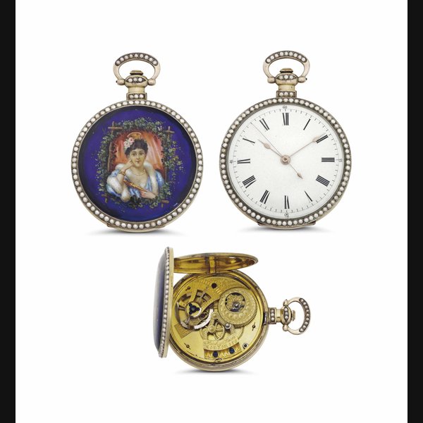 Richardson. A Fine Gilt, Enamel and Pearl-set Openface Keywound Duplex Watch with Center Seconds, Made for the Chinese Market SIGNED RICHARDSON, LONDON, MOVEMENT NO. 346, CASE NO. 5375, EARLY 19TH CENTURY